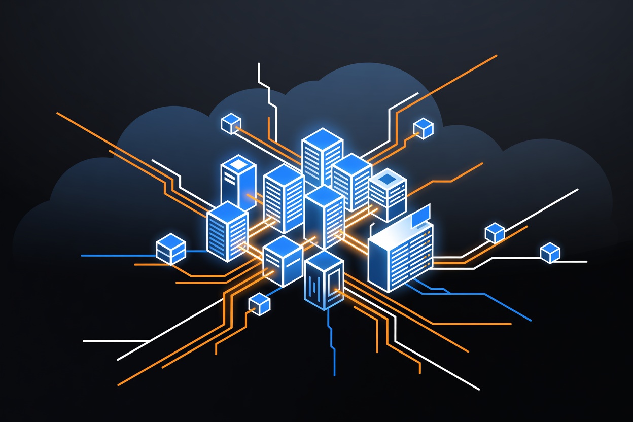 Abstract cluster of glowing server nodes connected by bright data pathways on a dark background, representing cloud GPU infrastructure