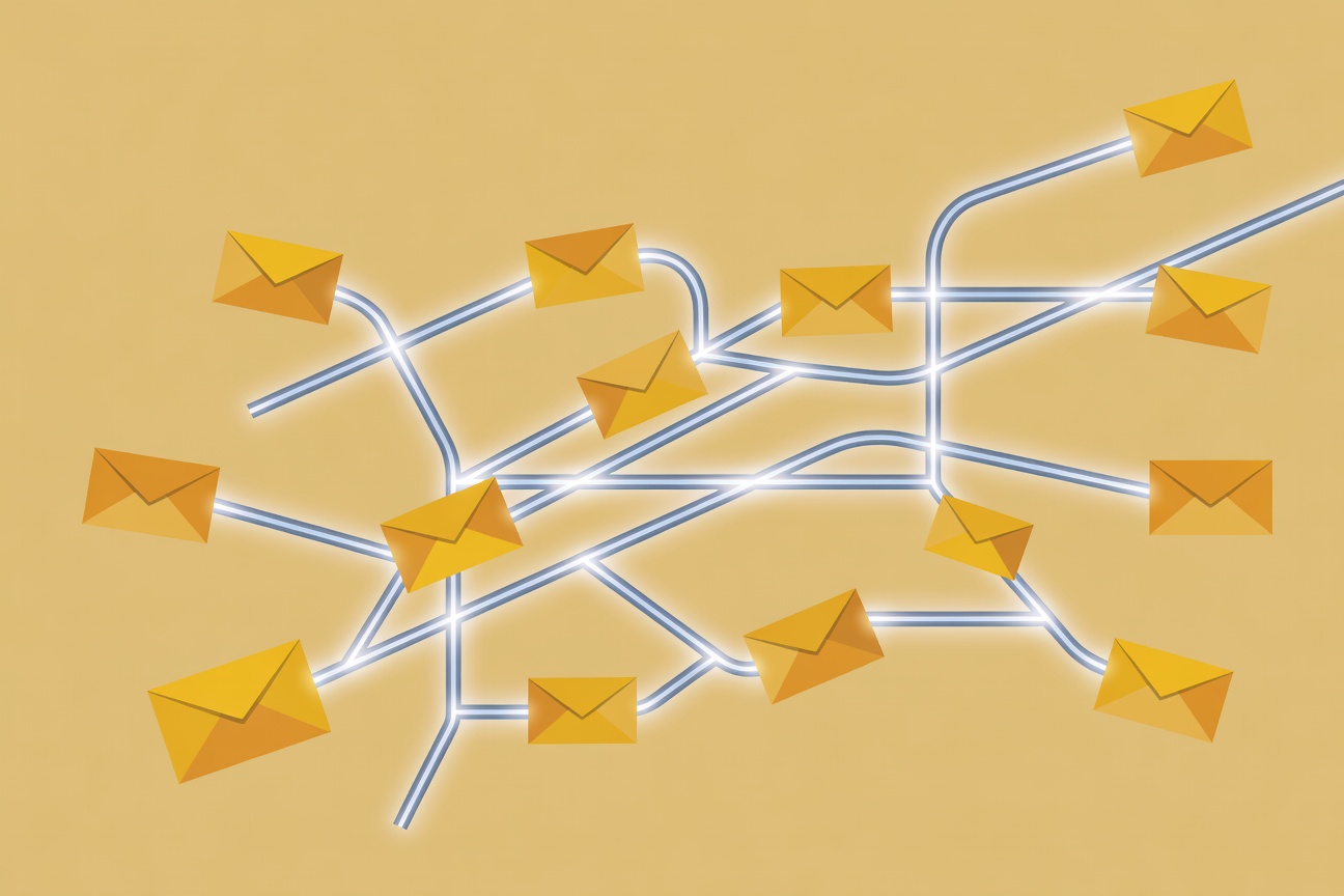 Colorful geometric envelopes flowing through a network of glowing fiber-optic tubes against a dark background