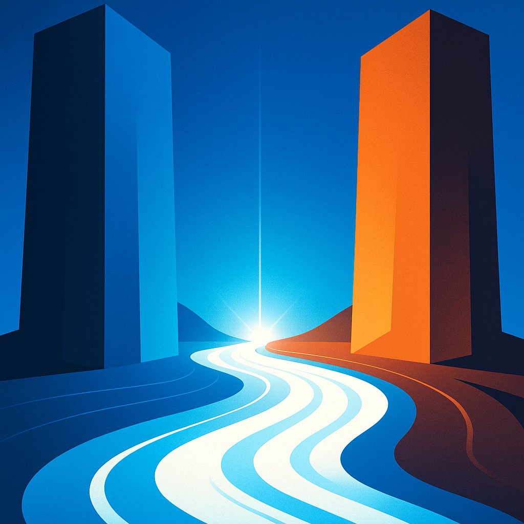 Abstract geometric representation of massive capital flow — a glowing river of light connecting two monolithic structures