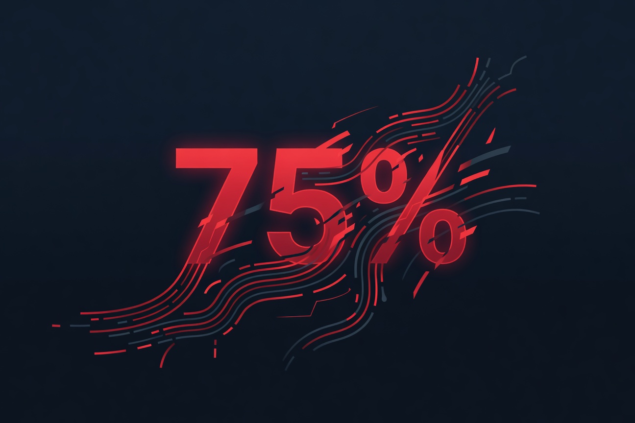 Glowing percentage sign made of flowing code lines against a dark blue abstract background