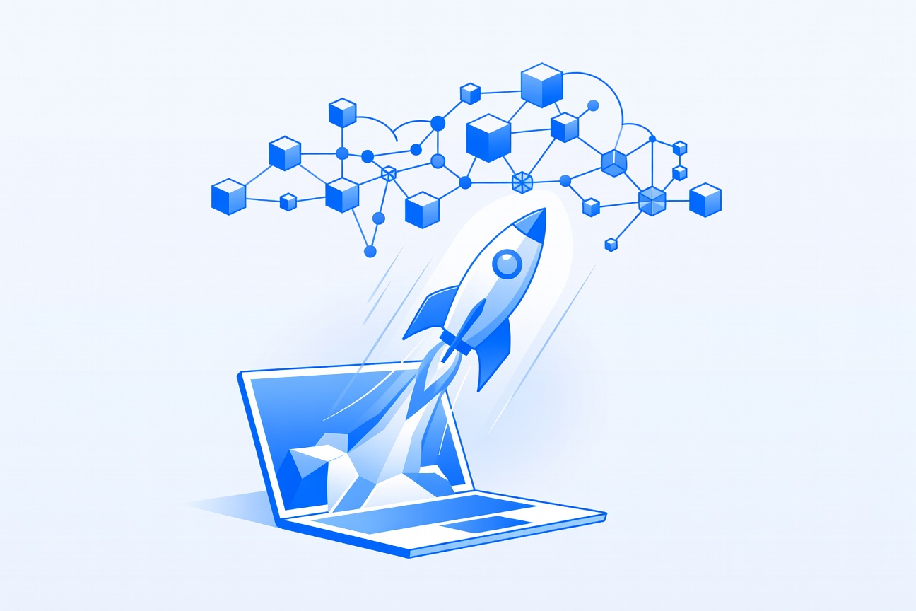 A rocket launching from a laptop keyboard into a stylized cloud architecture diagram — representing code going from prompt to production
