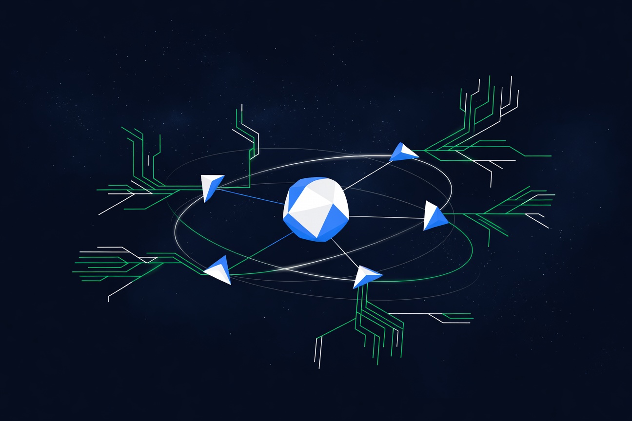 A glowing abstract agent architecture diagram with orbiting sub-nodes and branching task trees, floating against a dark starfield