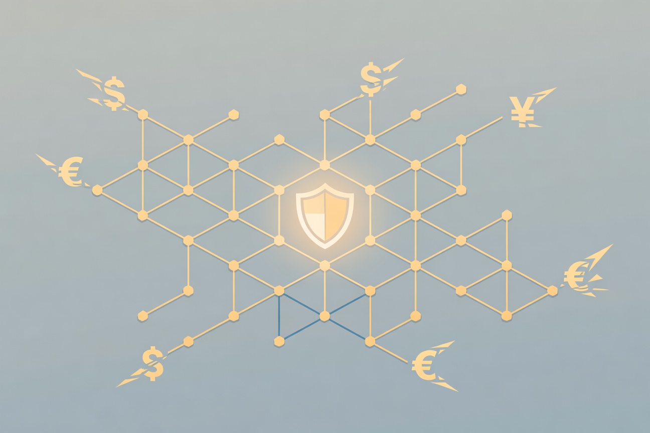 An abstract geometric network of interconnected hexagons representing a secure payment mesh, with a glowing shield at the center