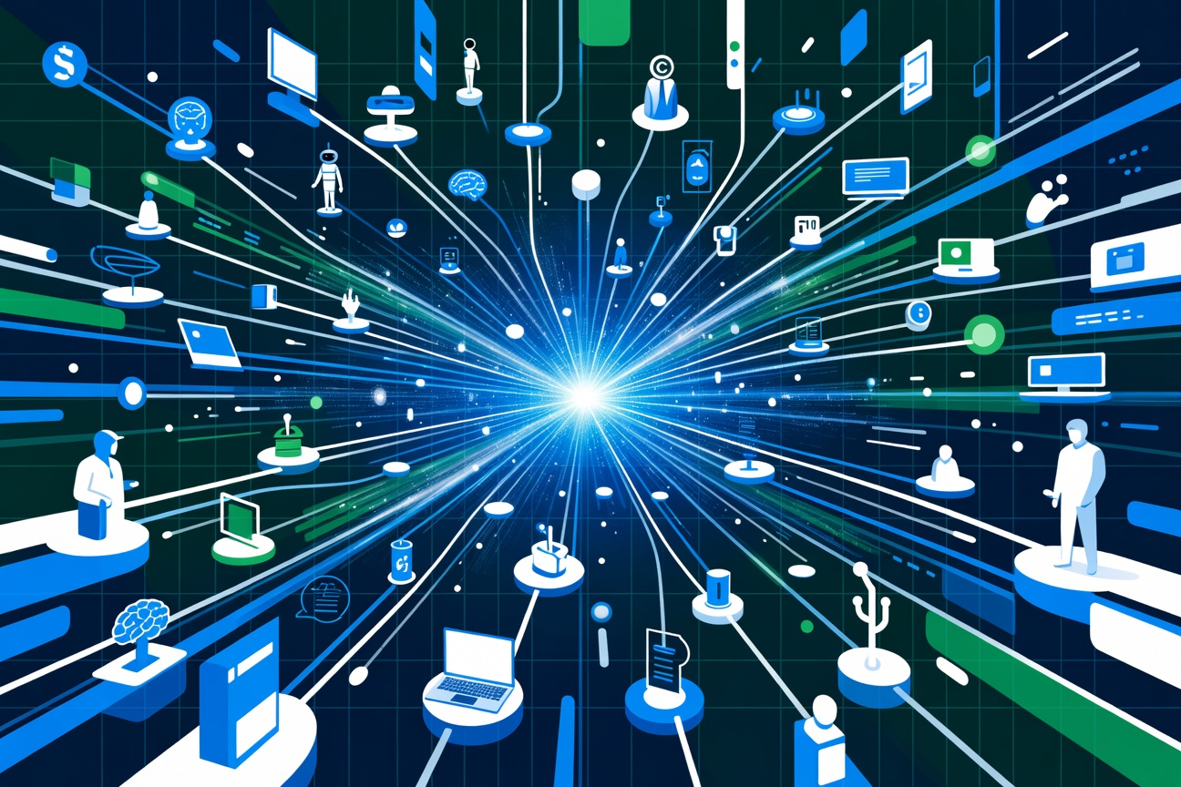 Abstract network of glowing nodes and pathways on a blue-green grid, representing a massive enterprise AI partner ecosystem
