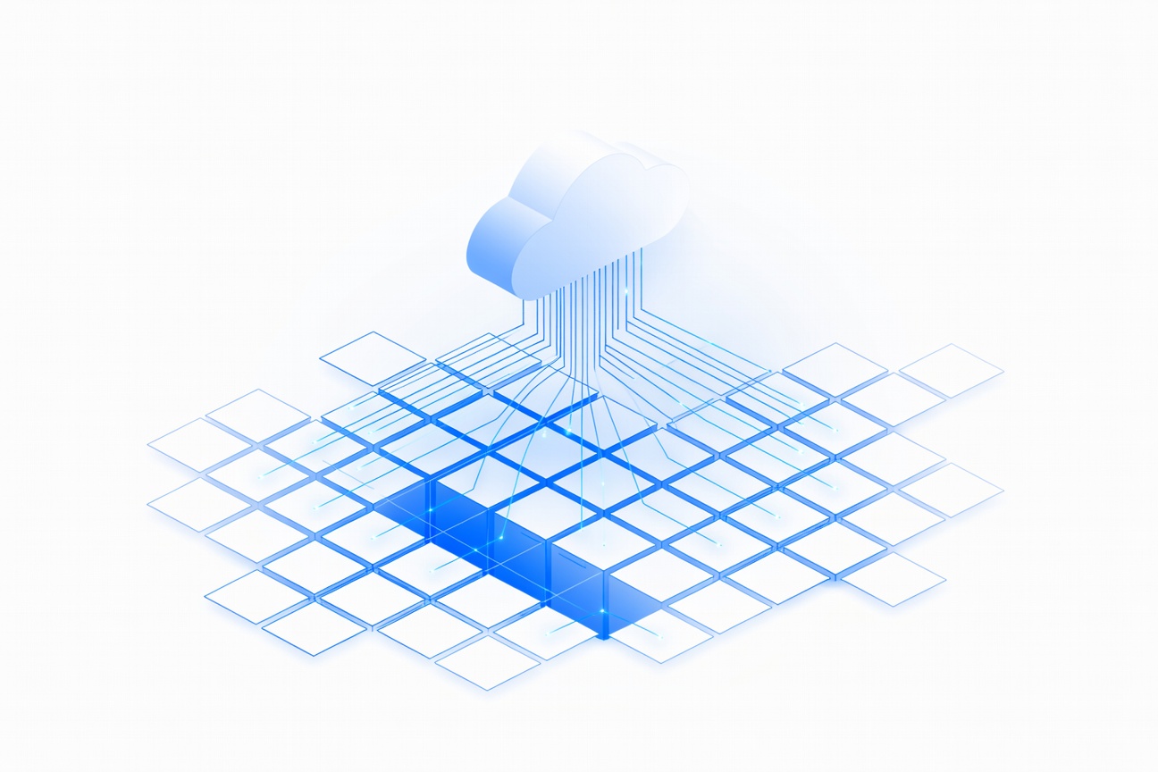 Abstract geometric notebook grid connecting to cloud infrastructure via glowing protocol lines, no people, minimal 3D style