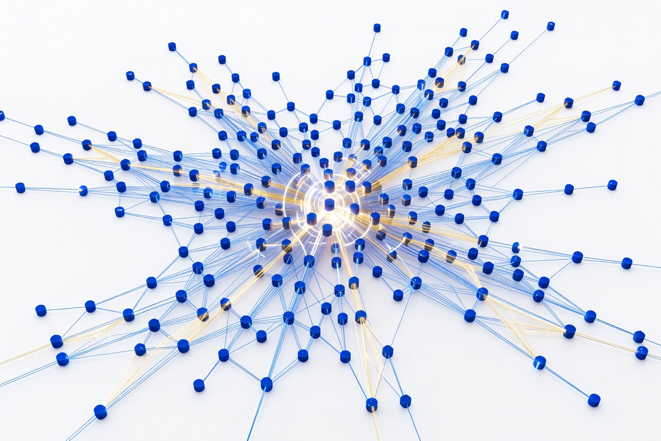 Abstract web of 160 glowing interconnected search nodes radiating outward from a central AI brain, with data streams flowing between nodes in deep blue and gold