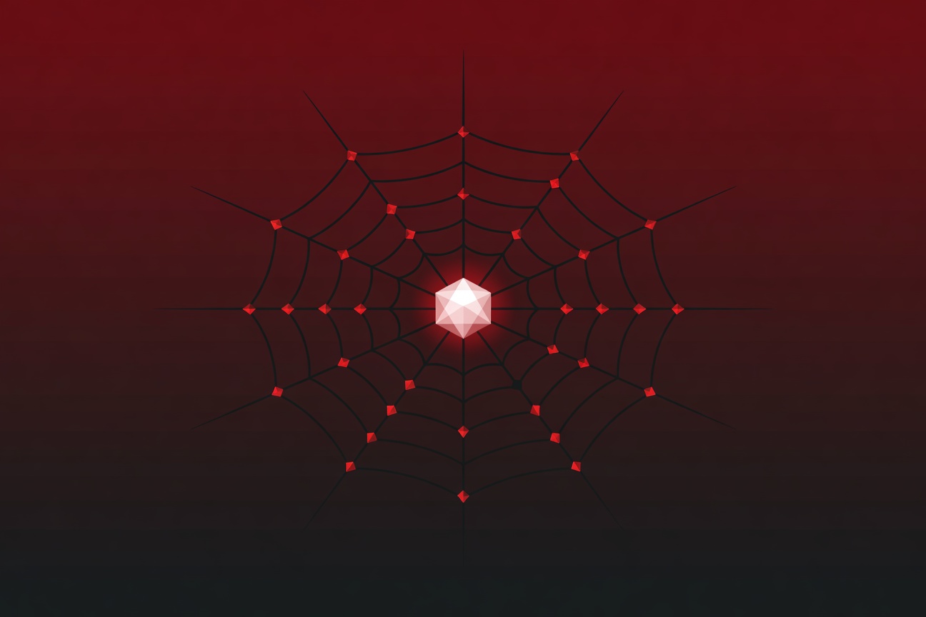 A geometric spider web with glowing trap nodes at intersections, dark vectors converging on a central luminous AI core, abstract and ominous