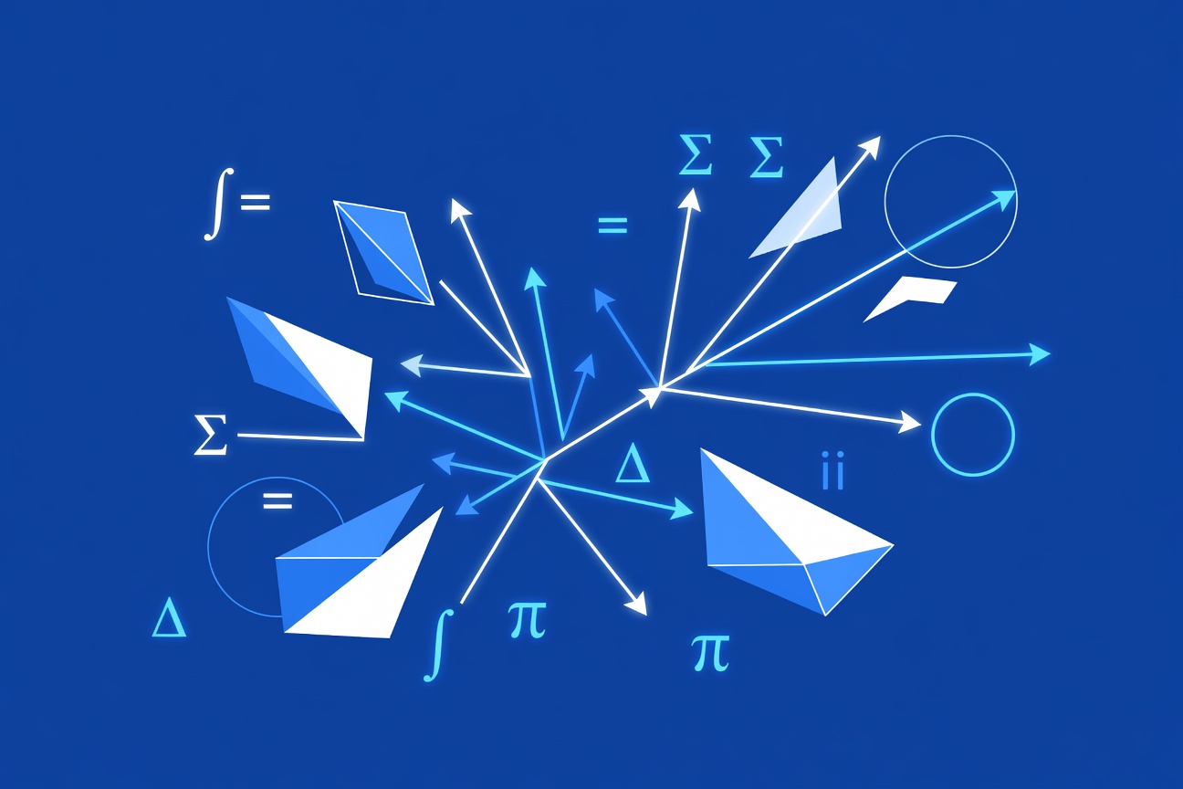 Glowing geometric proof diagrams floating in deep space, connected by light-traced logical arrows, no people