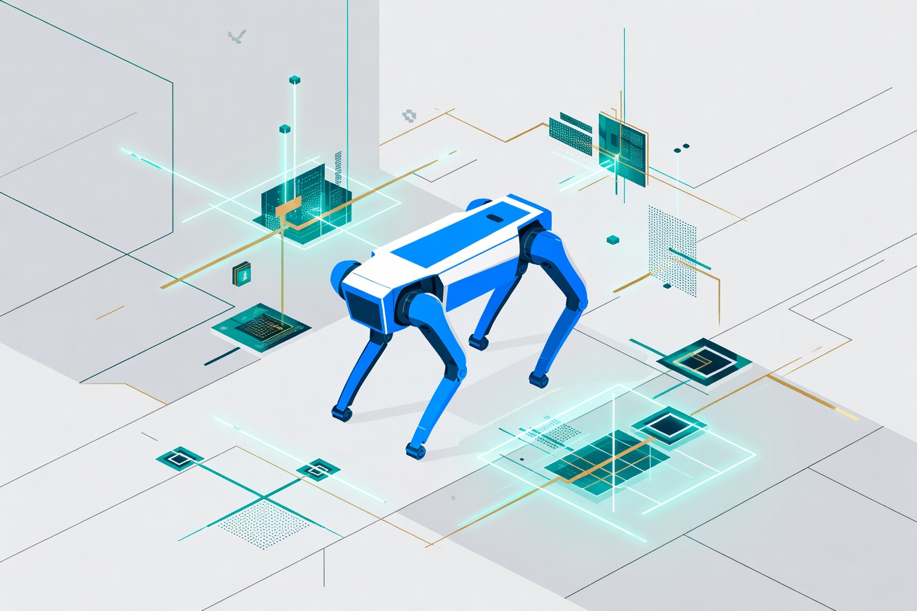 A four-legged robotic silhouette walking across an industrial floor, viewed from above, surrounded by glowing scan lines and geometric sensor grids in teal and gold