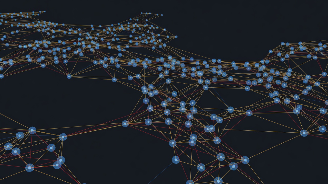A vast web of interconnected glowing nodes representing millions of AI agents, viewed from above with tension lines suggesting risk and complexity