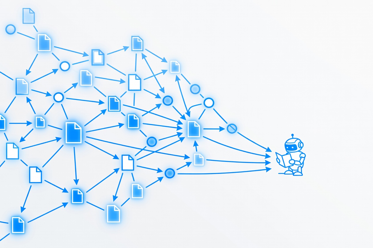A glowing document graph with interconnected nodes representing live API documentation flowing into a coding agent, symbolizing grounded accuracy