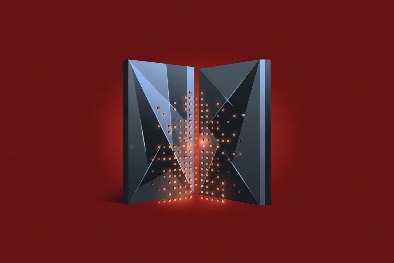Open gate slowly closing with thousands of small glowing blocks being locked behind it, abstract geometry