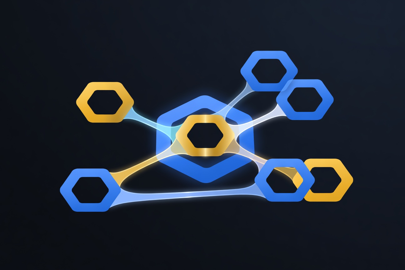 Abstract interlocking hexagonal rings glowing blue and gold, symbolizing interconnected enterprise agent networks