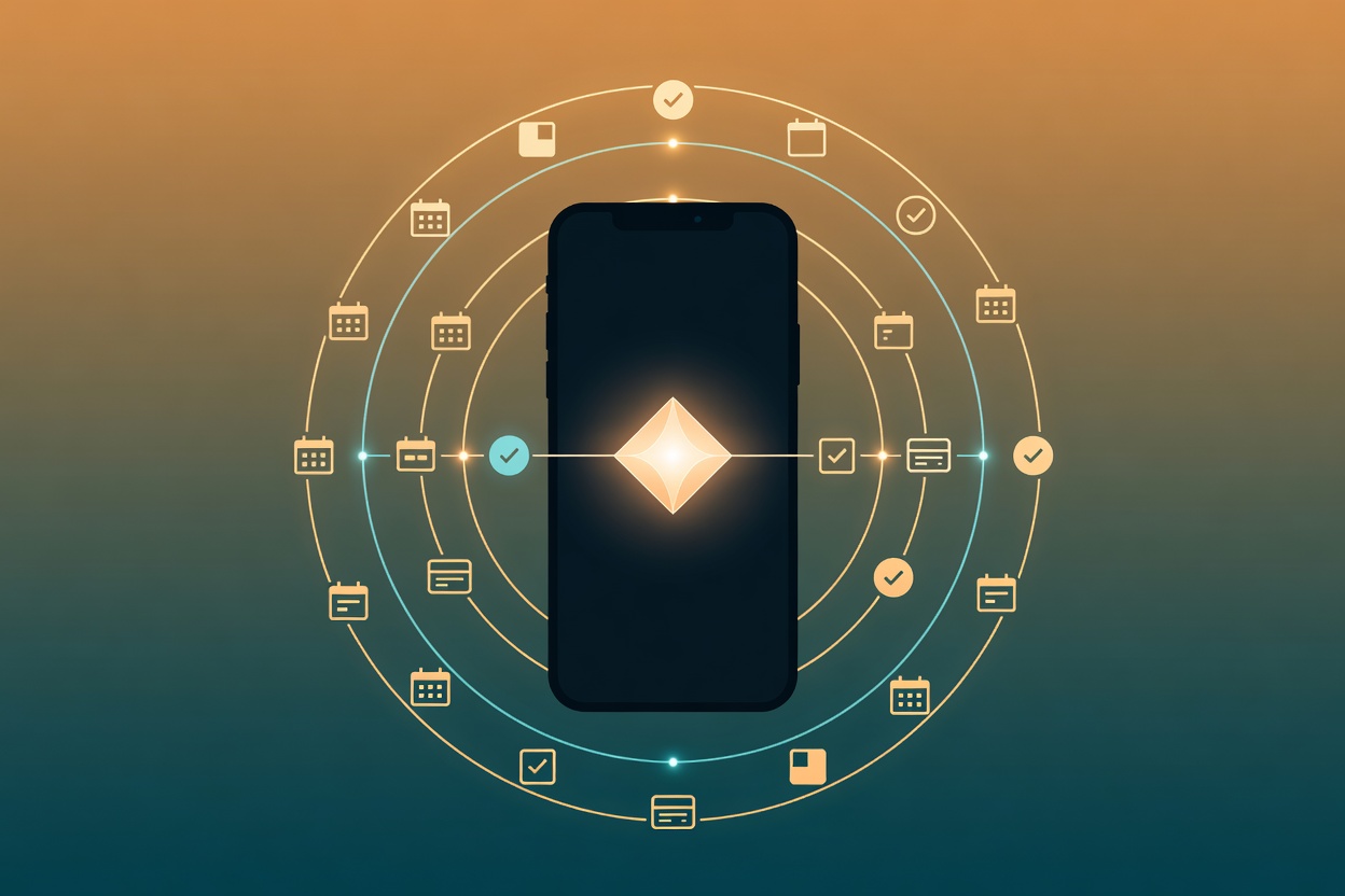 An abstract flowing Android robot figure made of interconnected glowing nodes completing tasks autonomously