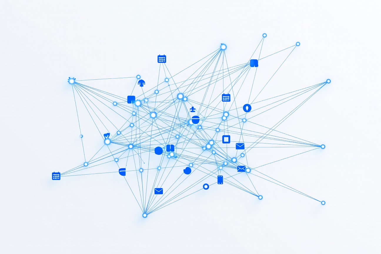 A constellation of glowing nodes representing an always-on ambient intelligence connecting calendar, inbox, and app icons
