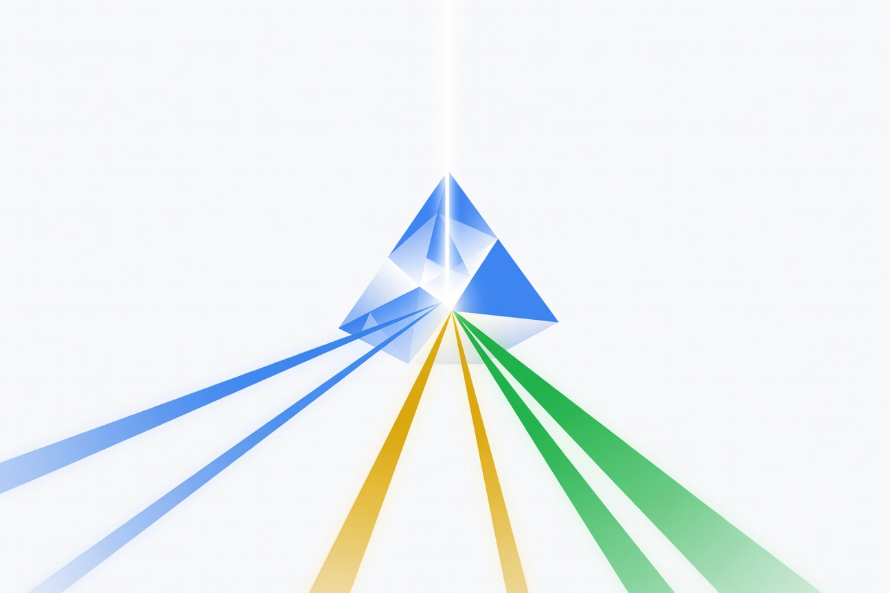 Abstract multicolored geometric prism refracting light into streams representing text, image, and audio modalities