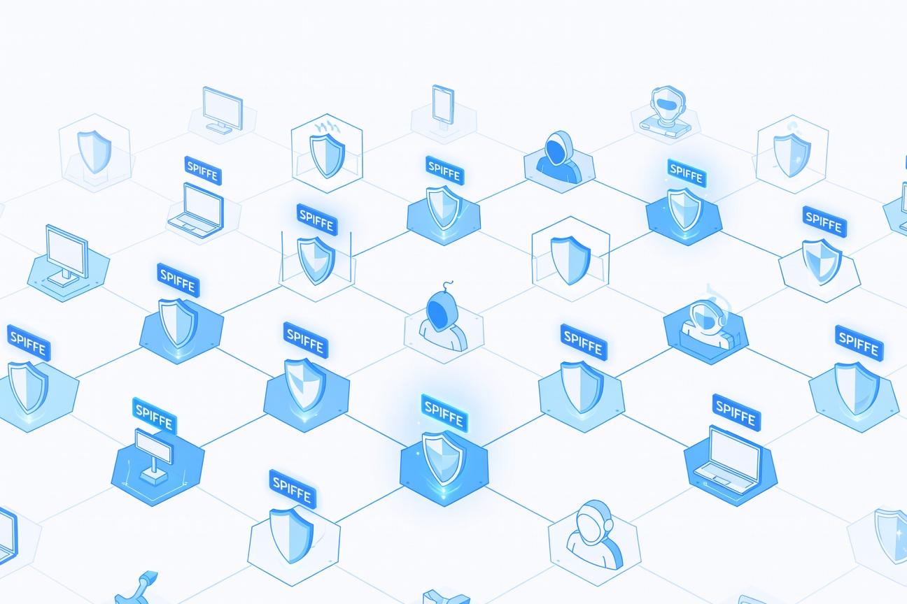 Abstract network of interconnected digital identity tokens with cryptographic certificate shields floating in a zero-trust architecture grid