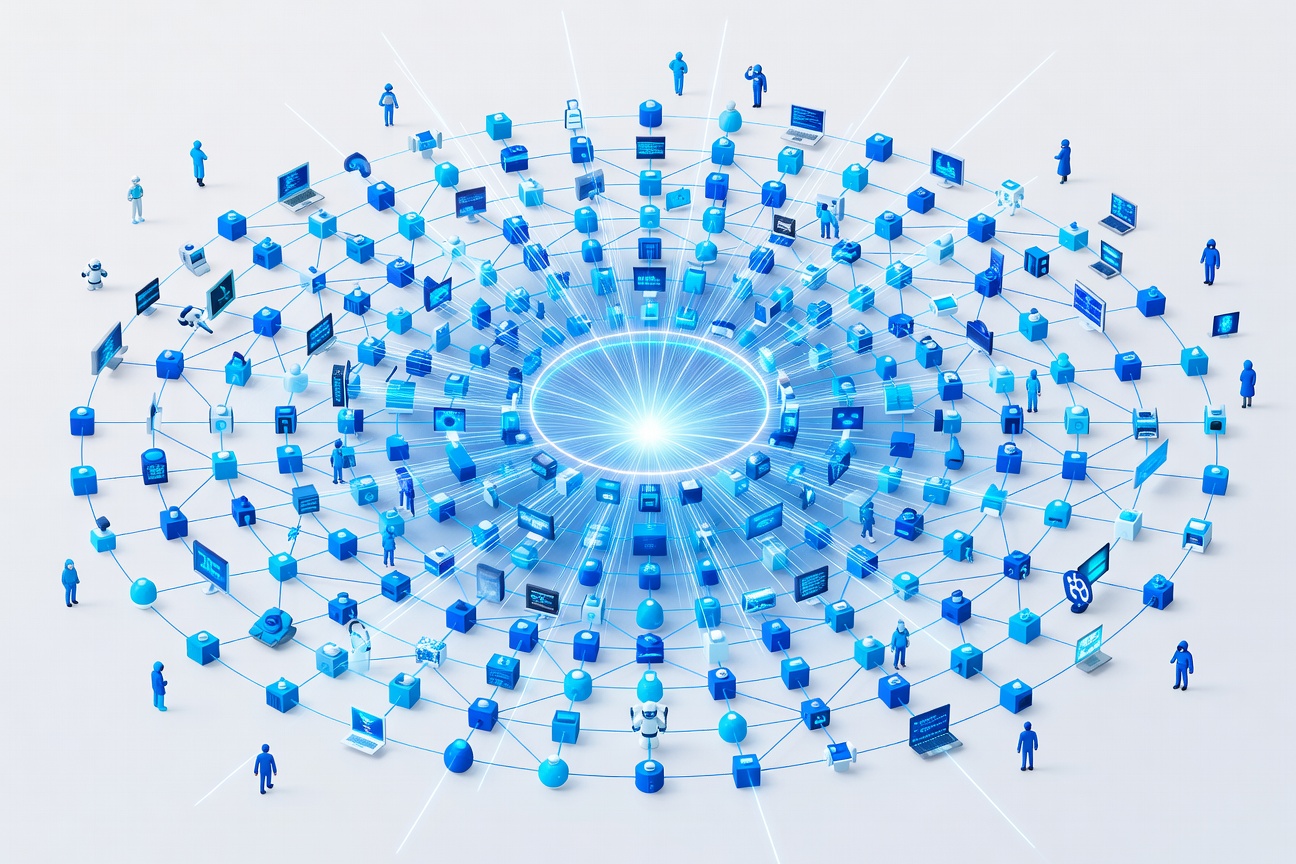 Abstract representation of a developer conference with flowing agent networks and Gemini colors