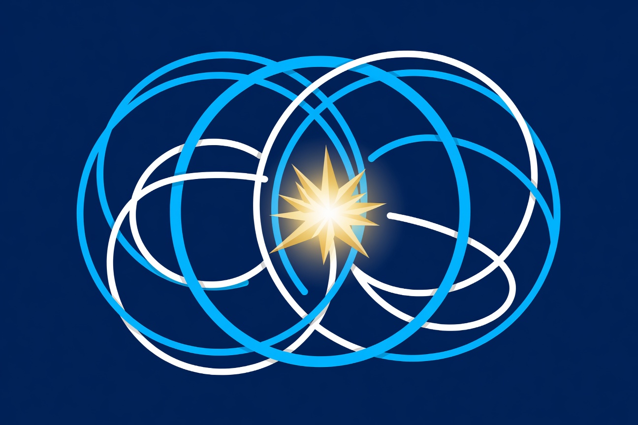 A luminous abstract spark fractal shape with overlapping circular task rings representing an always-on AI agent