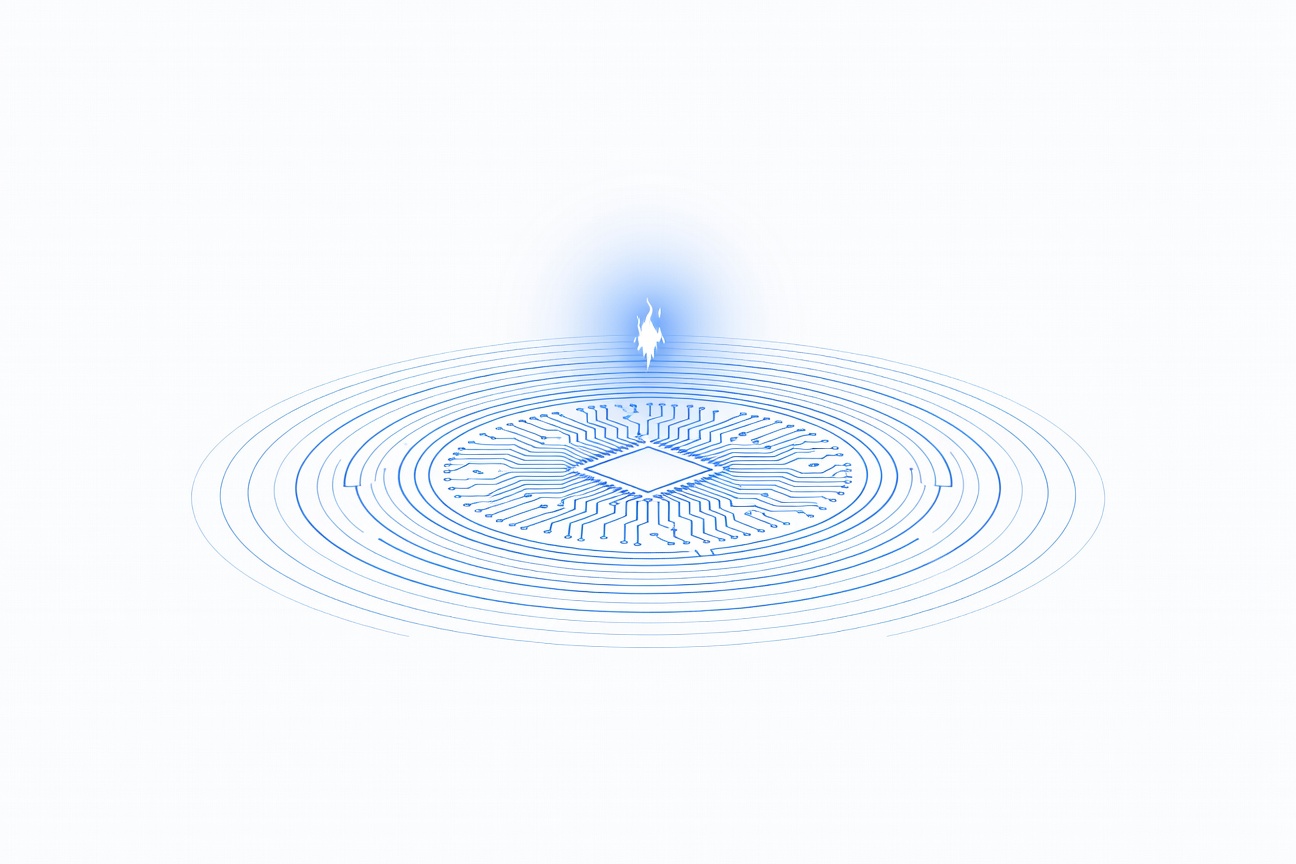 A glowing spark hovering above a stylized circuit board representing an autonomous AI agent network