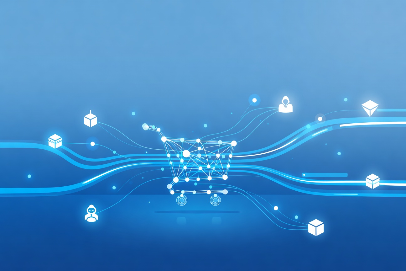 Abstract geometric shopping cart made of light rays and interconnected nodes, floating against a deep blue gradient background with data flow patterns