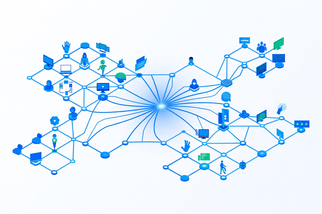 Abstract distributed network of glowing nodes connected by lines representing a resilient AI agent execution graph