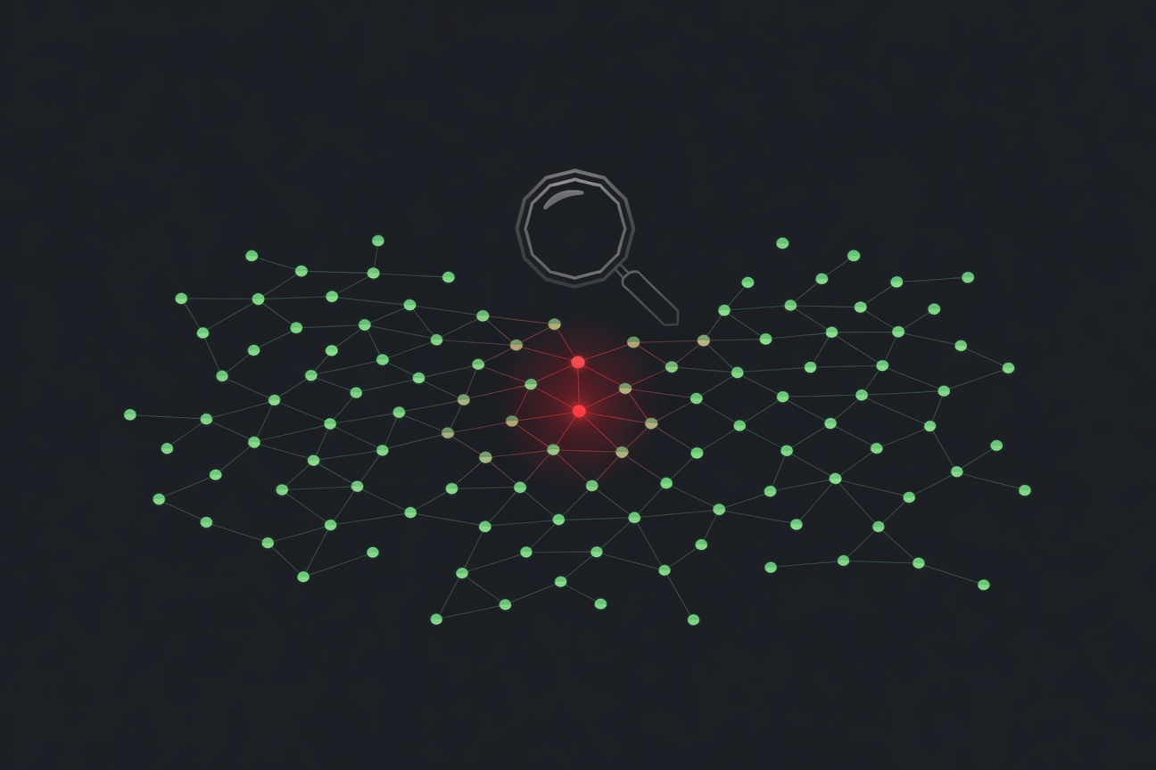 A magnifying glass hovering over a web of interconnected glowing nodes, with one node flashing red amid a field of green data points