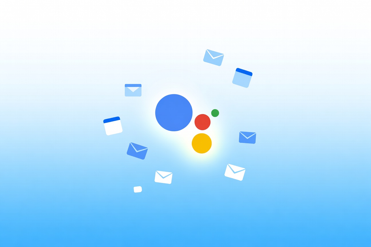 A minimalist digital assistant orb glowing in Google's blue, red, yellow, and green palette, surrounded by floating calendar and email icons