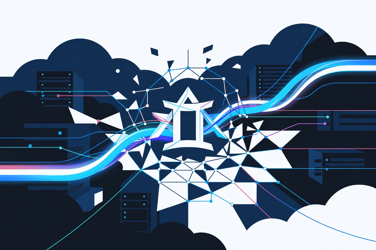 A geometric Gemini logo rising from the ruins of a stylized server rack, surrounded by flowing colorful agent workflow lines on a dark cloud background
