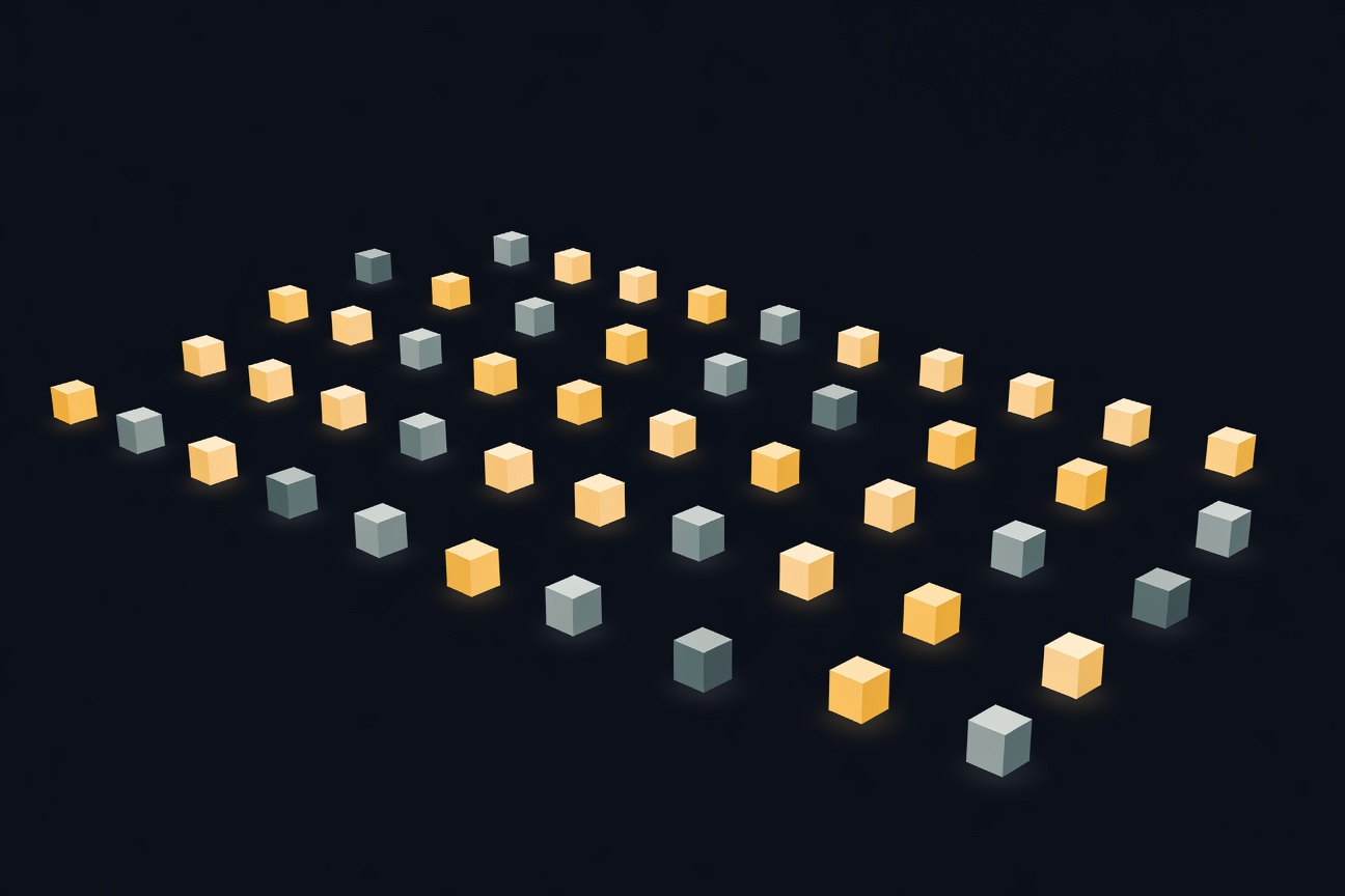Abstract parallel rows of glowing isolated cubes floating in dark space, each a different color, representing isolated concurrent agent processes