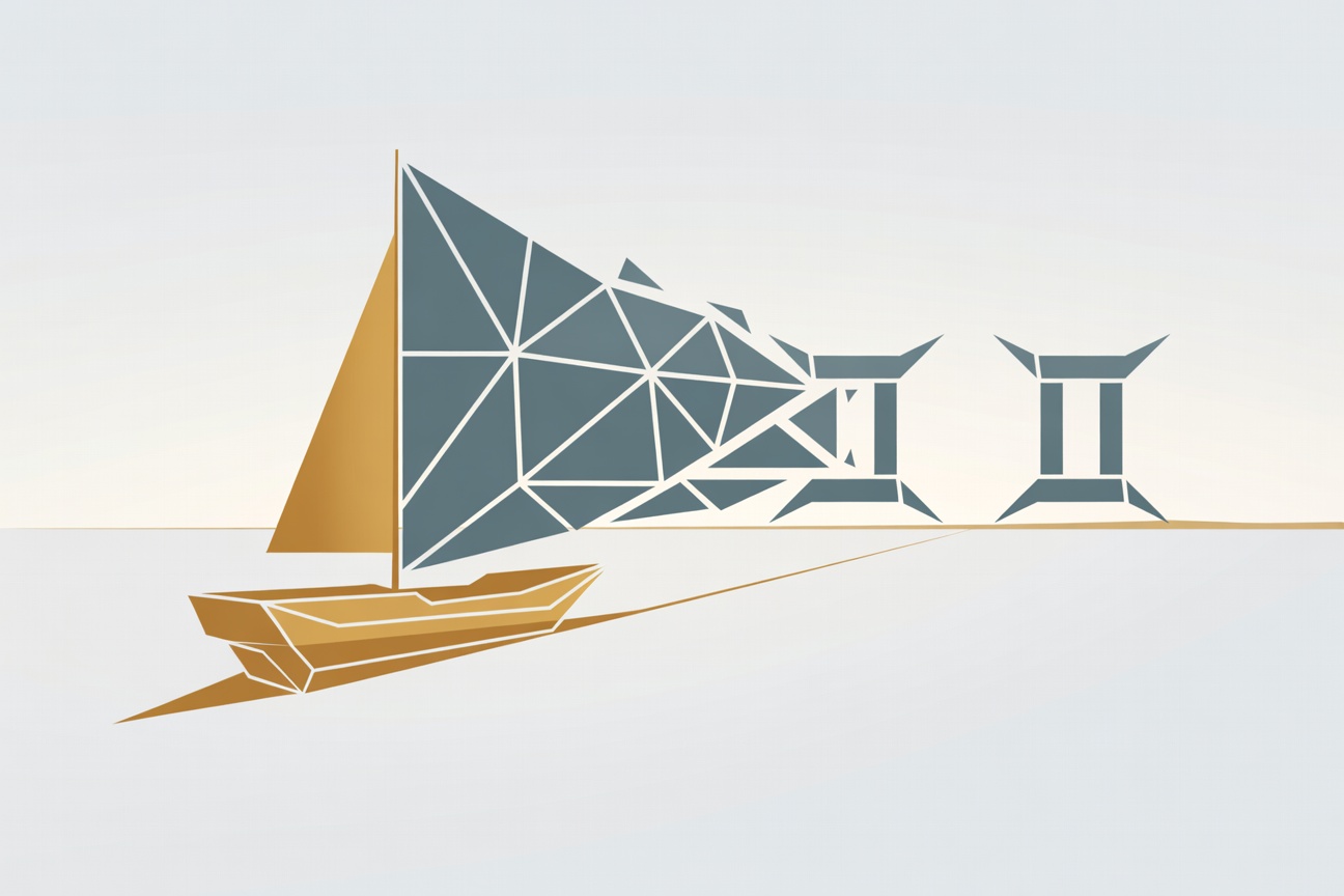 A ship sailing into a horizon while its sail transforms into geometric Gemini twin shapes, abstract ocean scene