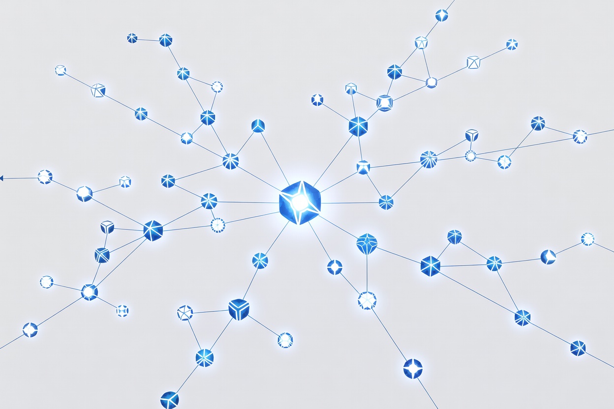 A network of interconnected glowing nodes branching outward from a central hub, representing subagent coordination in a multi-agent AI system