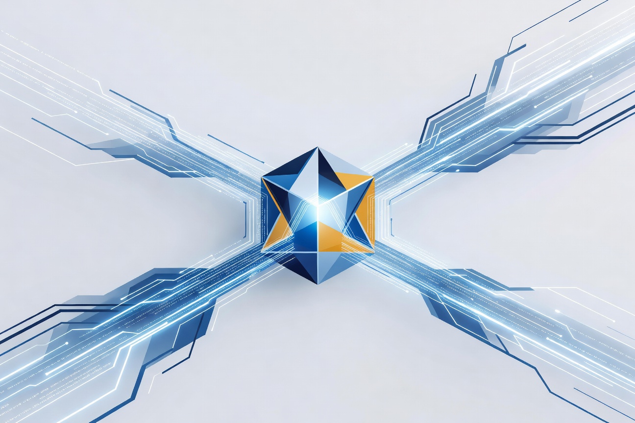 Glowing code streams converging into a single powerful core, abstract blue and white, minimal 3D