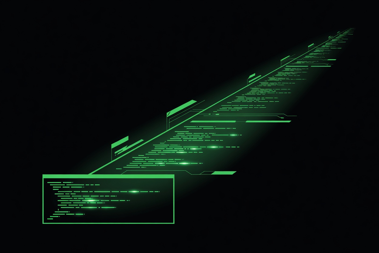 Abstract minimal illustration of a specialized coding chip labeled Codex glowing blue-green inside a larger GPT-5 architecture grid, terminal commands cascading around it