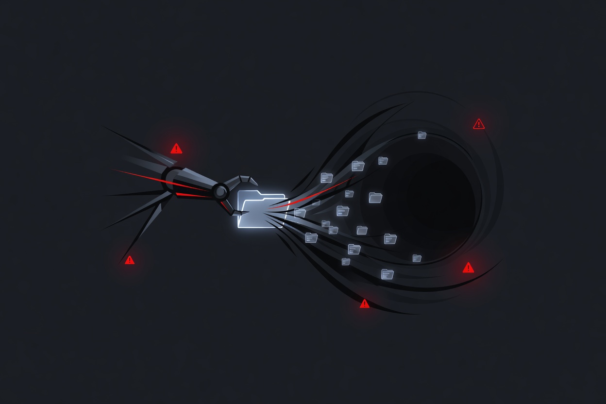 A glowing digital folder with files being swept into a void by an abstract robotic arm, dark background with red warning indicators