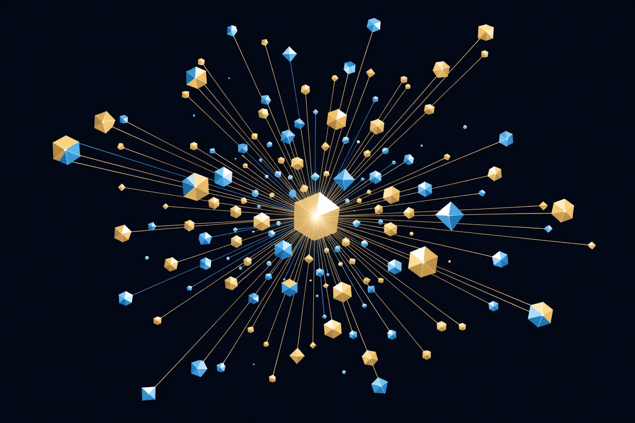 Abstract golden constellation of interconnected nodes radiating outward from a central bright core against a dark void, symbolizing parallel agentic intelligence
