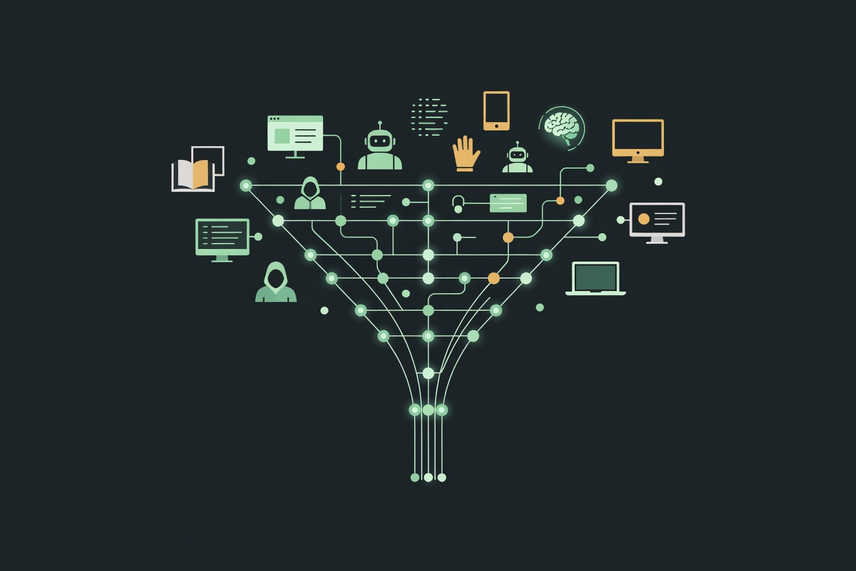 An abstract funnel shape made of interconnected nodes and pathways, suggesting a hiring pipeline flowing into a unified system