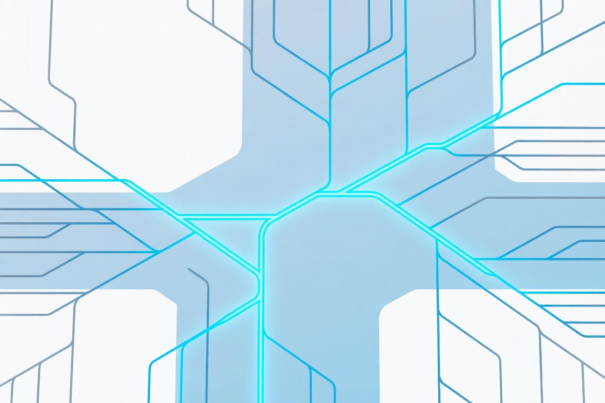 Abstract representation of a sparse neural network with efficient branching paths highlighted in cyan against a dark blue background
