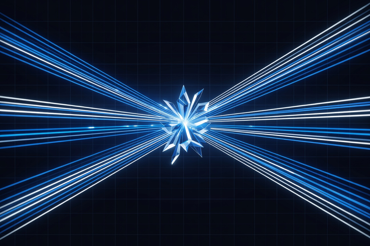 Eight parallel glowing data streams flowing into a central branching node over a dark grid background, suggesting parallel computation