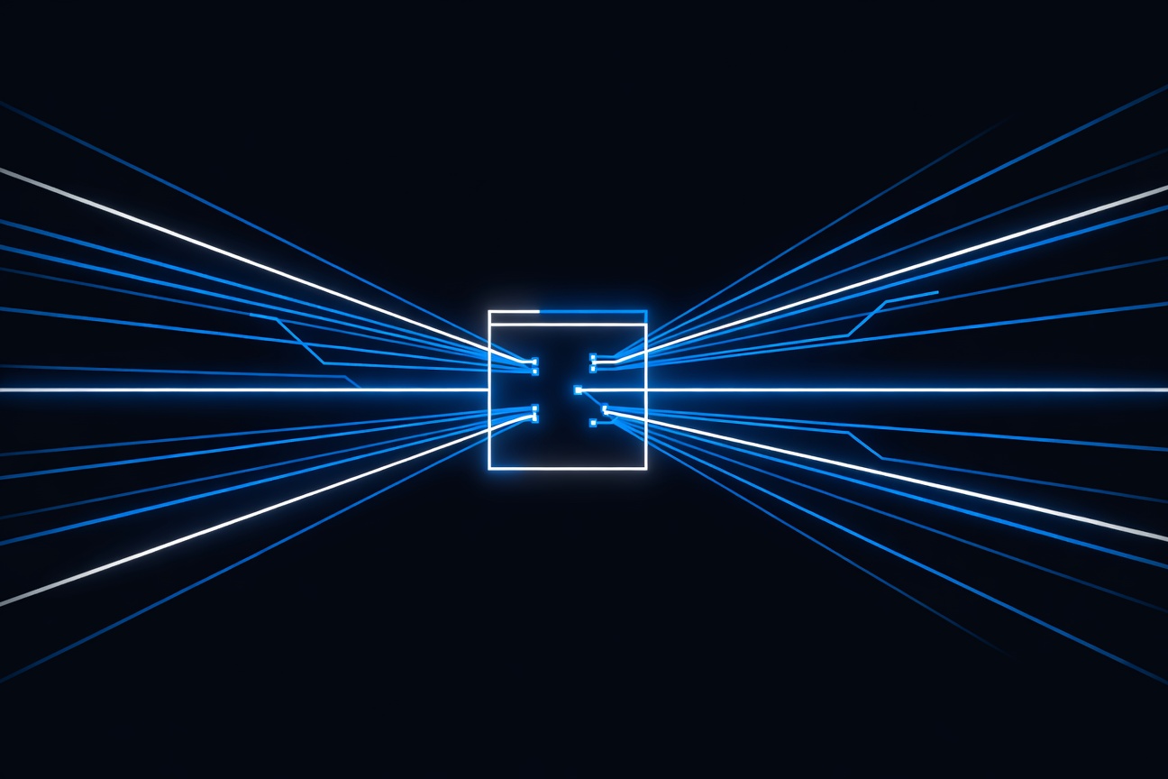 A sleek terminal interface with multiple glowing parallel threads branching out like an automated coding pipeline