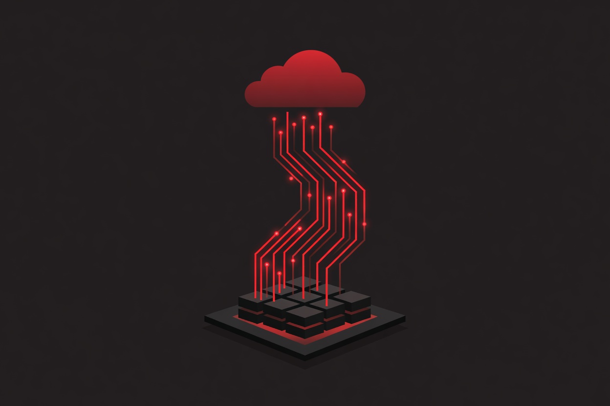 Abstract streams of glowing red data flowing upward from a dark code repository icon into a cloud silhouette, ominous crimson lighting