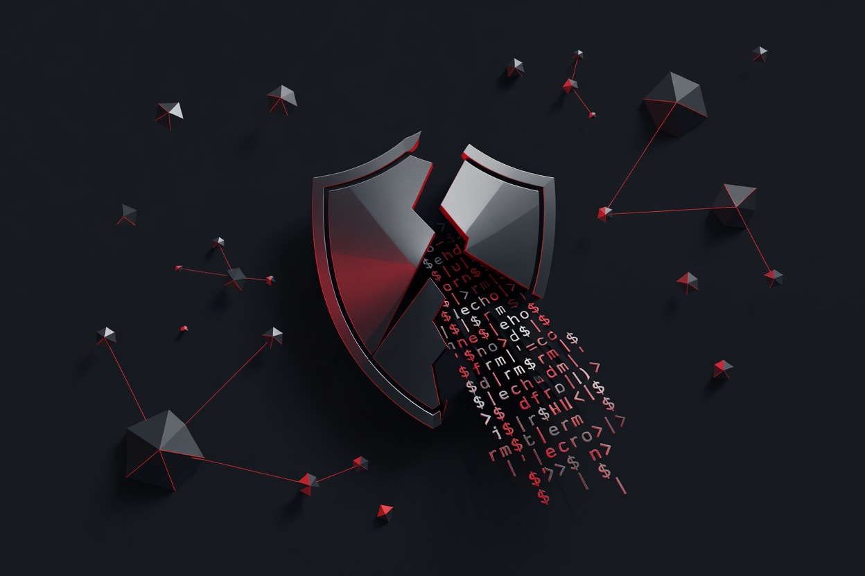 A cracked shield with bash terminal characters spilling through the fracture, representing a shell injection security bypass in AI agent tooling