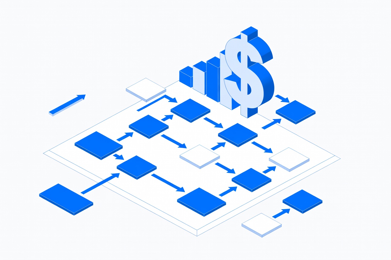 Abstract workflow automation diagram with connected blocks representing no-code agent pipeline construction