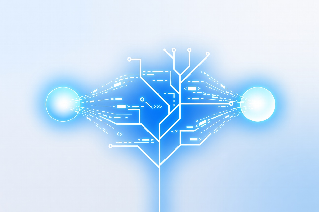 Two abstract glowing orbs connected by a stream of binary data flowing through a branching tree structure