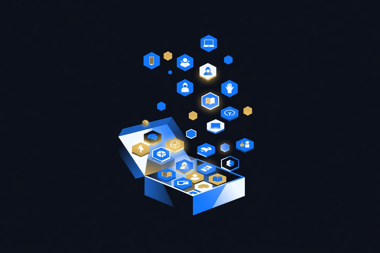 An open toolbox overflowing with glowing modular components and interconnected gears, representing a comprehensive developer toolkit