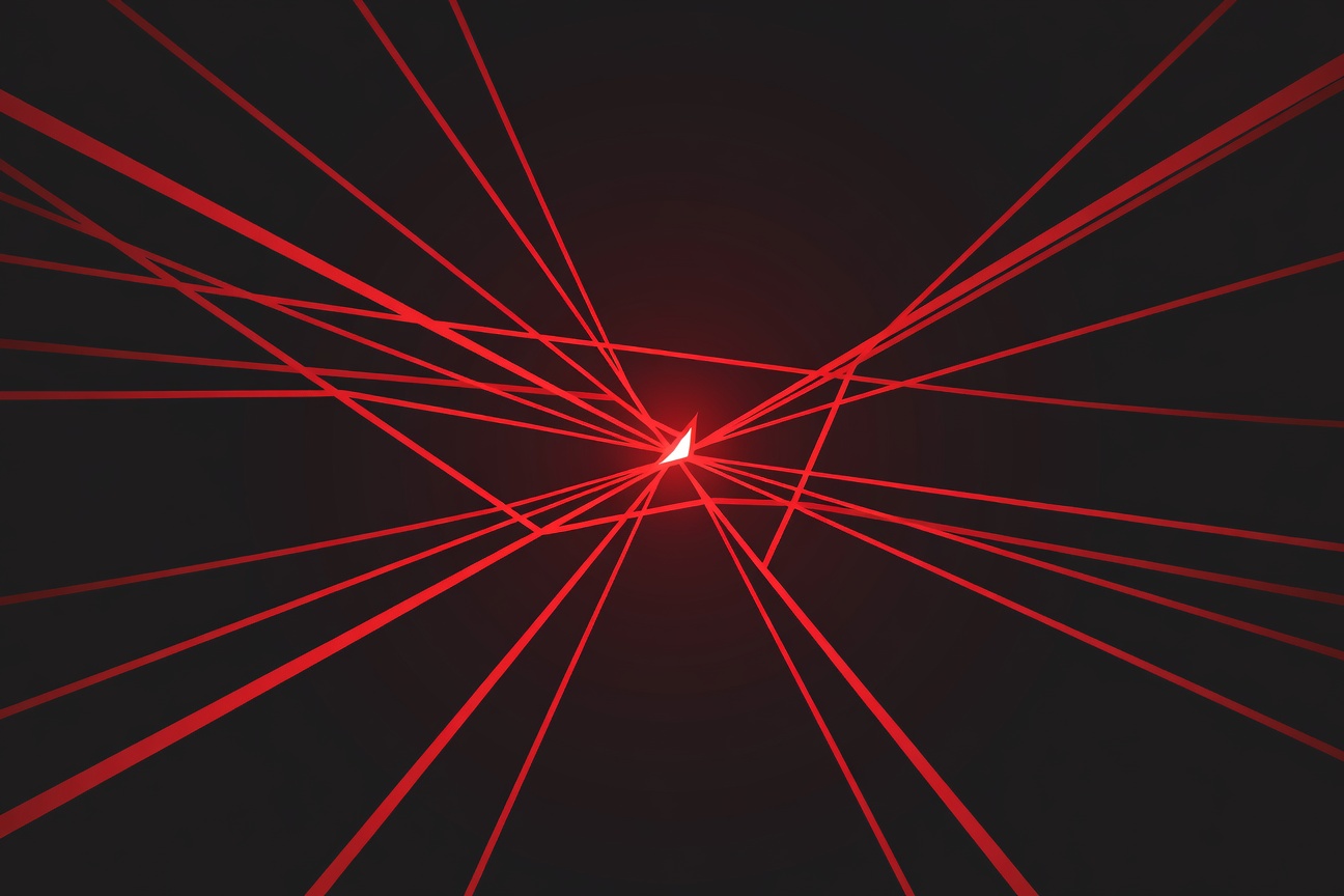 Abstract dark web of tangled red lines converging on a single bright node, representing hidden manipulation of a connected system