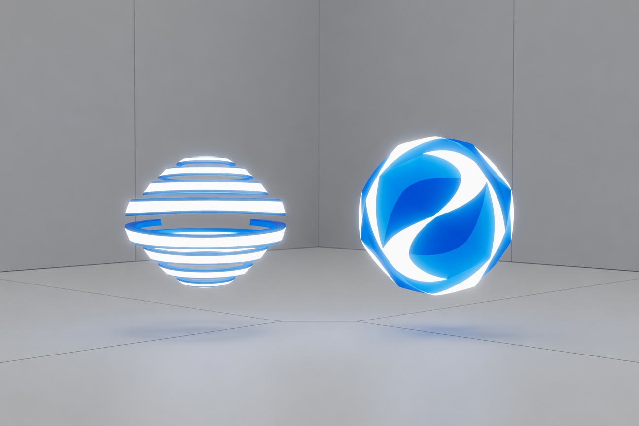 Two glowing digital entities facing each other in a minimalist arena, one established and structured, one dynamic and shapeshifting, representing competition between AI agent frameworks