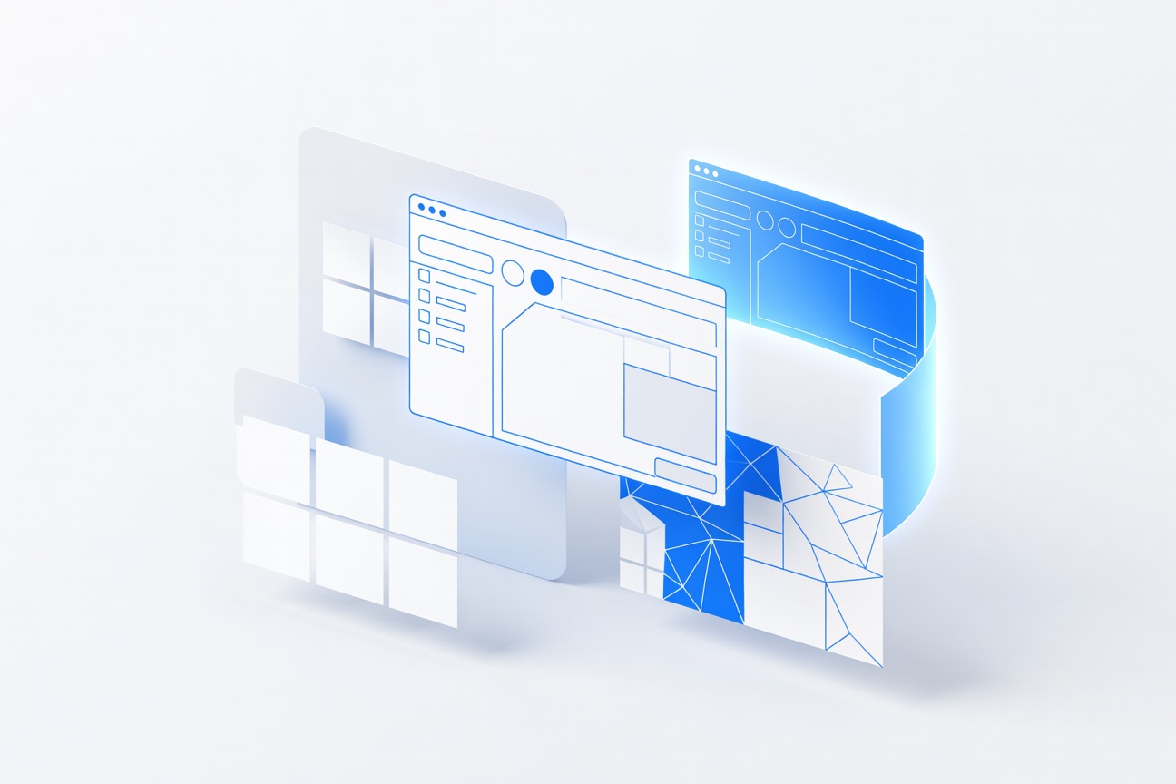 A sleek native desktop app window opening on multiple platforms — Mac, Windows, Linux — surrounded by abstract dashboard panels and floating control nodes
