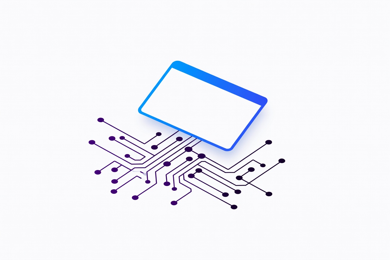 A sleek minimalist desktop application window floating above stylized circuit nodes in purple and black