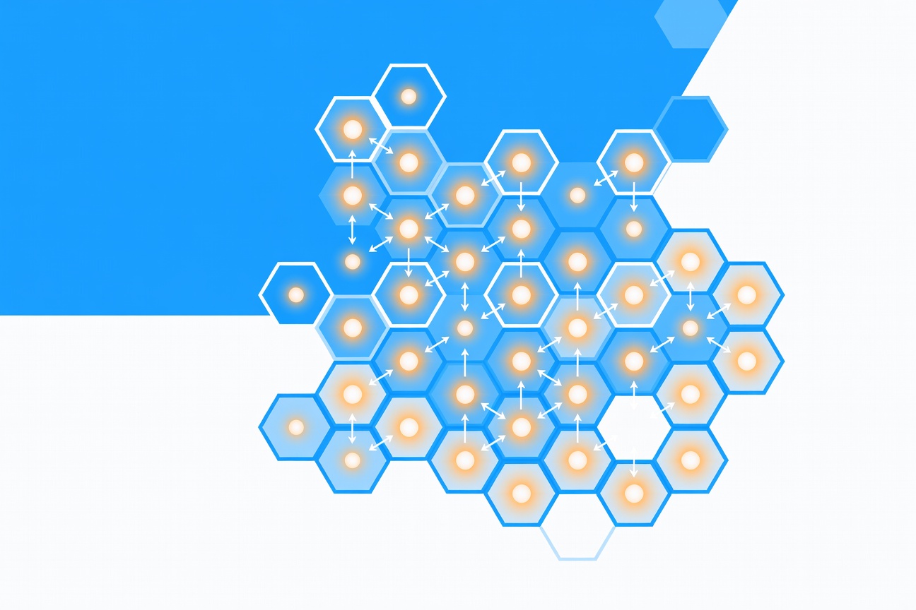 An abstract beehive of interconnected hexagonal nodes glowing amber and white, representing hundreds of coordinated AI agents in motion